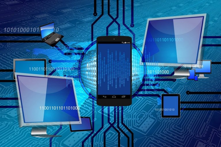 Imagem ilustrativa cenário futurista com smartphones integrados em rede