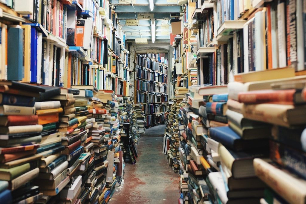 Foto de livraria, estantes de livros antigos, sebo