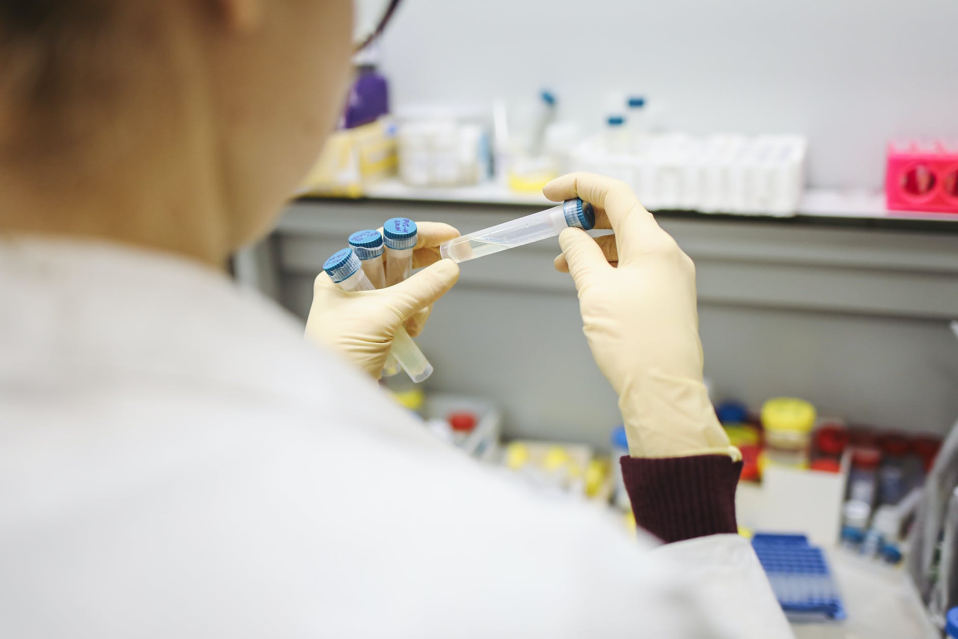 farmac&ecirc;utico: imagem ilustrativa de um profissional avaliando tubos de testes person holding test tubes