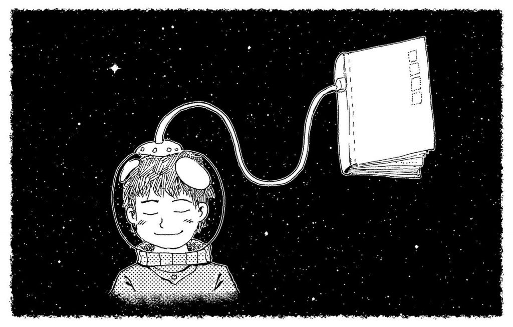 ilustracao crianca vestida de astronauta no espa&ccedil;o conectada a um livro - imagem: Pixabay