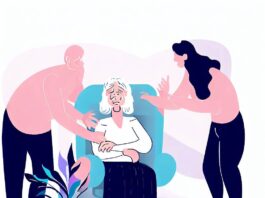 ilustração sobre violencia contra idosos duas pessoas cercam uma idosa de forma agressiva - Bing