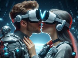 Casal, ambos com óculos de realidade virtual, se beija. Imagem gerada por IA
